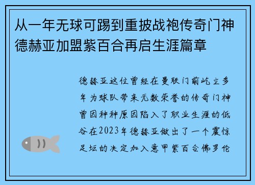 从一年无球可踢到重披战袍传奇门神德赫亚加盟紫百合再启生涯篇章