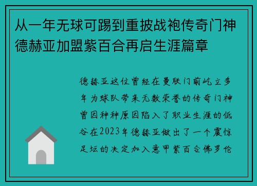 从一年无球可踢到重披战袍传奇门神德赫亚加盟紫百合再启生涯篇章