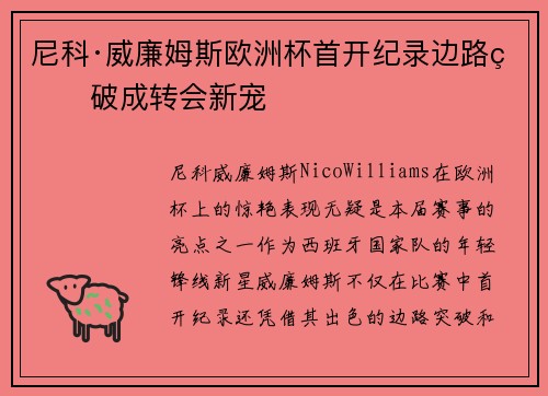 尼科·威廉姆斯欧洲杯首开纪录边路爆破成转会新宠